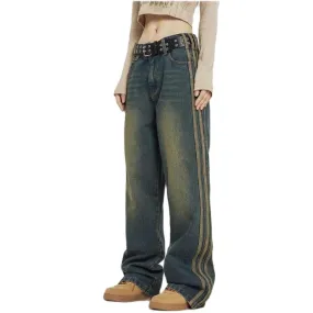 Women's Vintage Punk Style Denim Side Stripes Casual Straight Leg Jeans