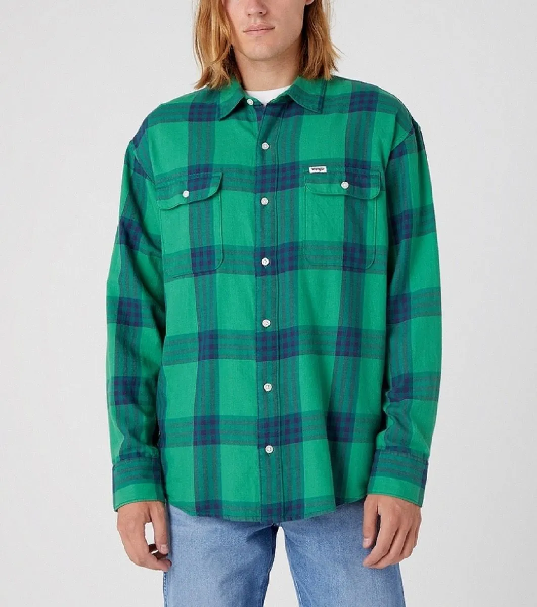 Wrangler Patch Pocket Check Long Sleeve Shirt Pine Green